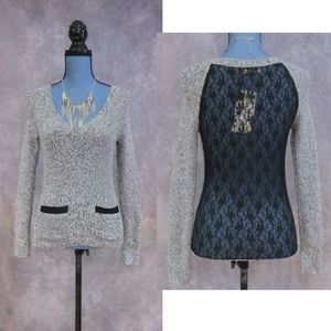 NEW Smudge Black & White Marled Lace Back Sweater
